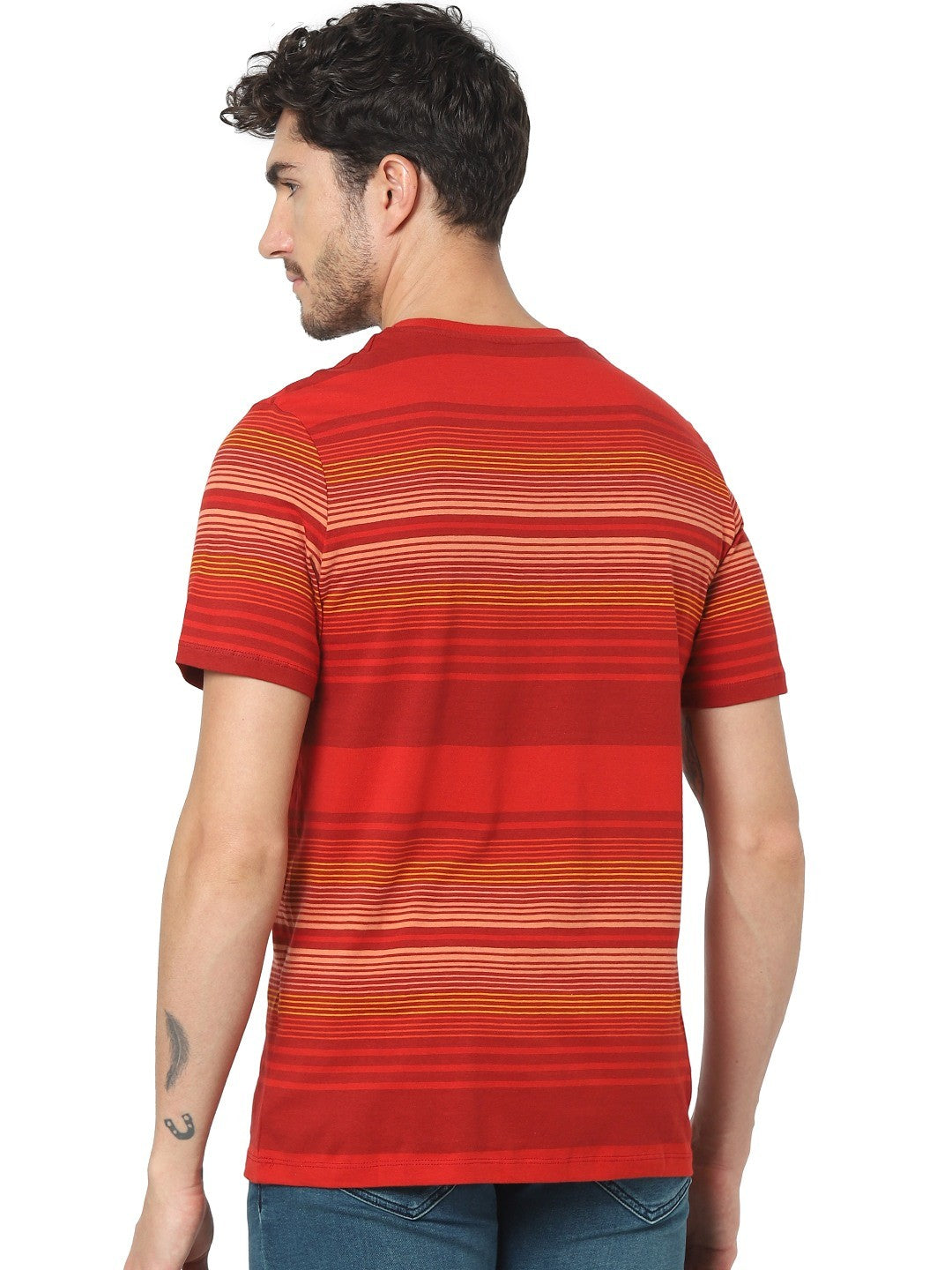 Celio Men Red Striped Regular Fit Cotton T-Shirts