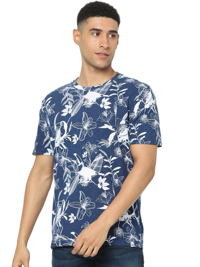Celio Men Blue Printed Regular Fit Cotton T-Shirts