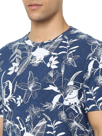 Celio Men Blue Printed Regular Fit Cotton T-Shirts