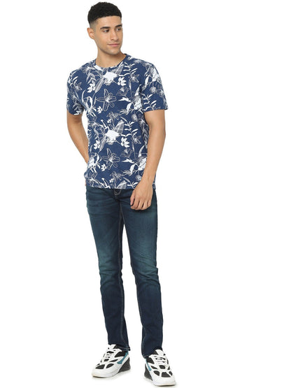 Celio Men Blue Printed Regular Fit Cotton T-Shirts