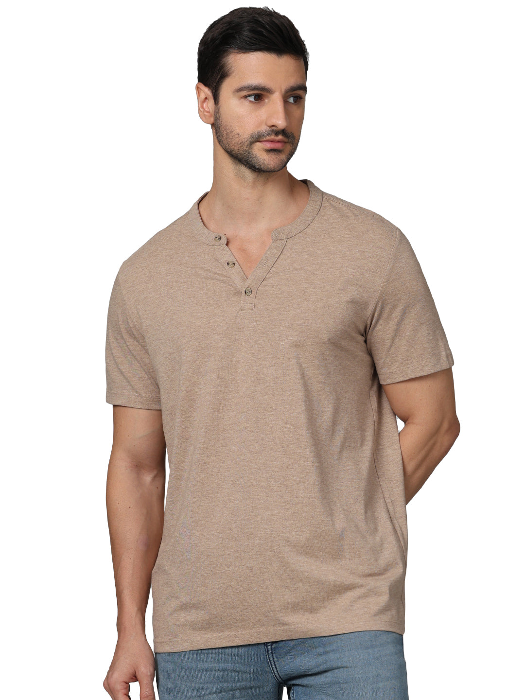 Beige Solid Cotton T-shirt