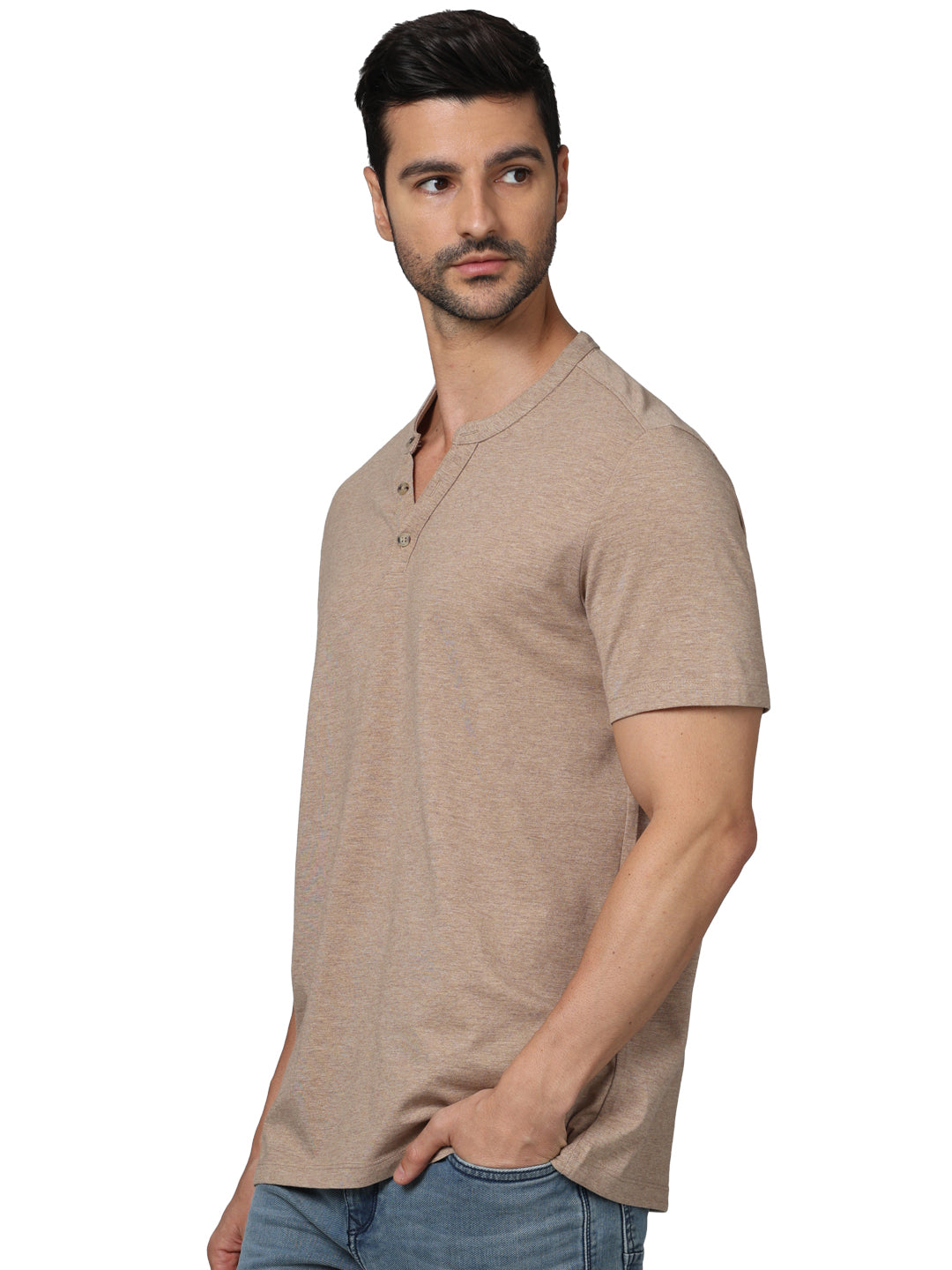 Beige Solid Cotton T-shirt