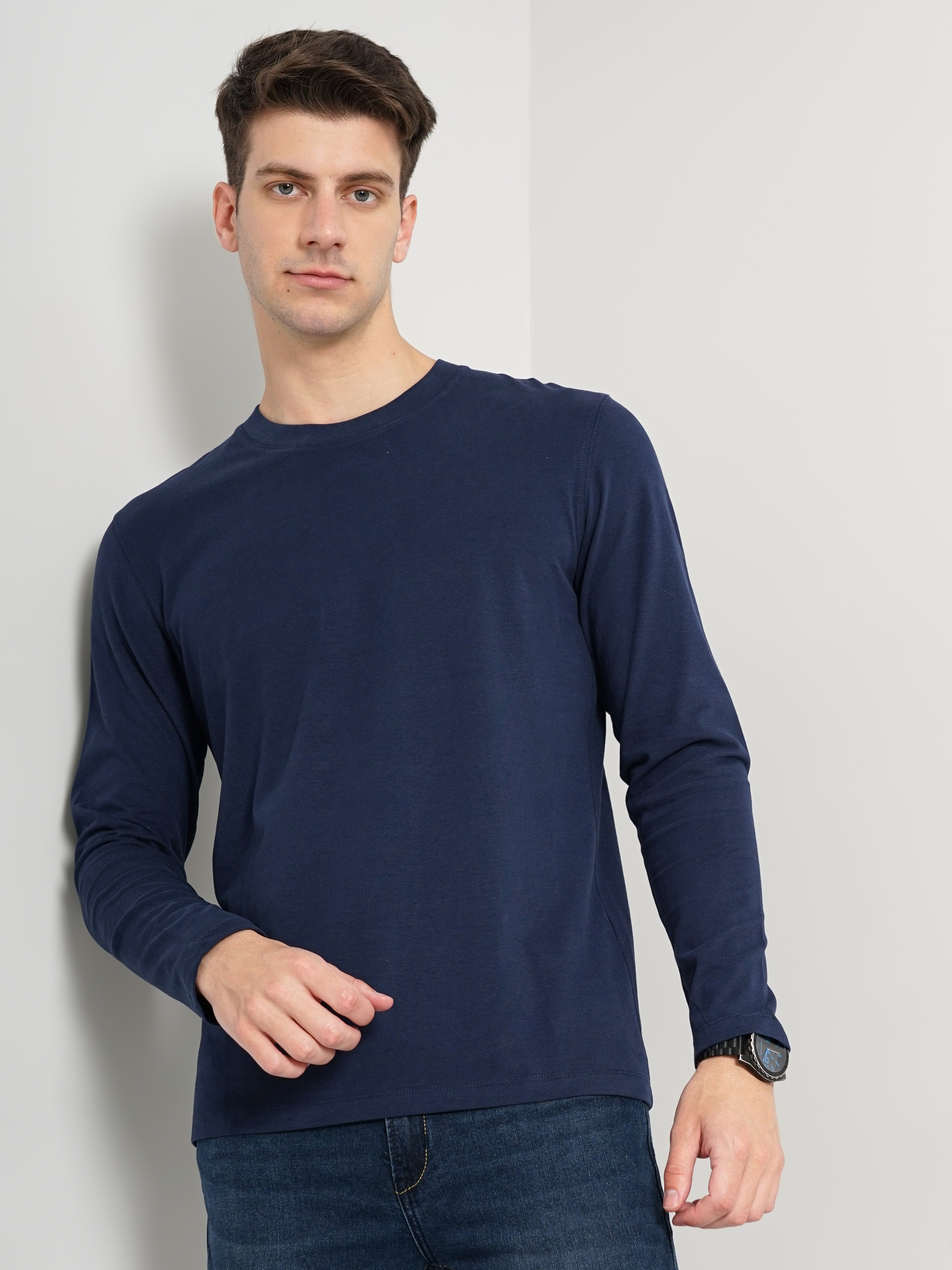 Navy Blue Solid Cotton T-shirt