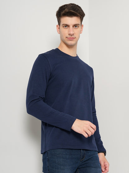 Navy Blue Solid Cotton T-shirt