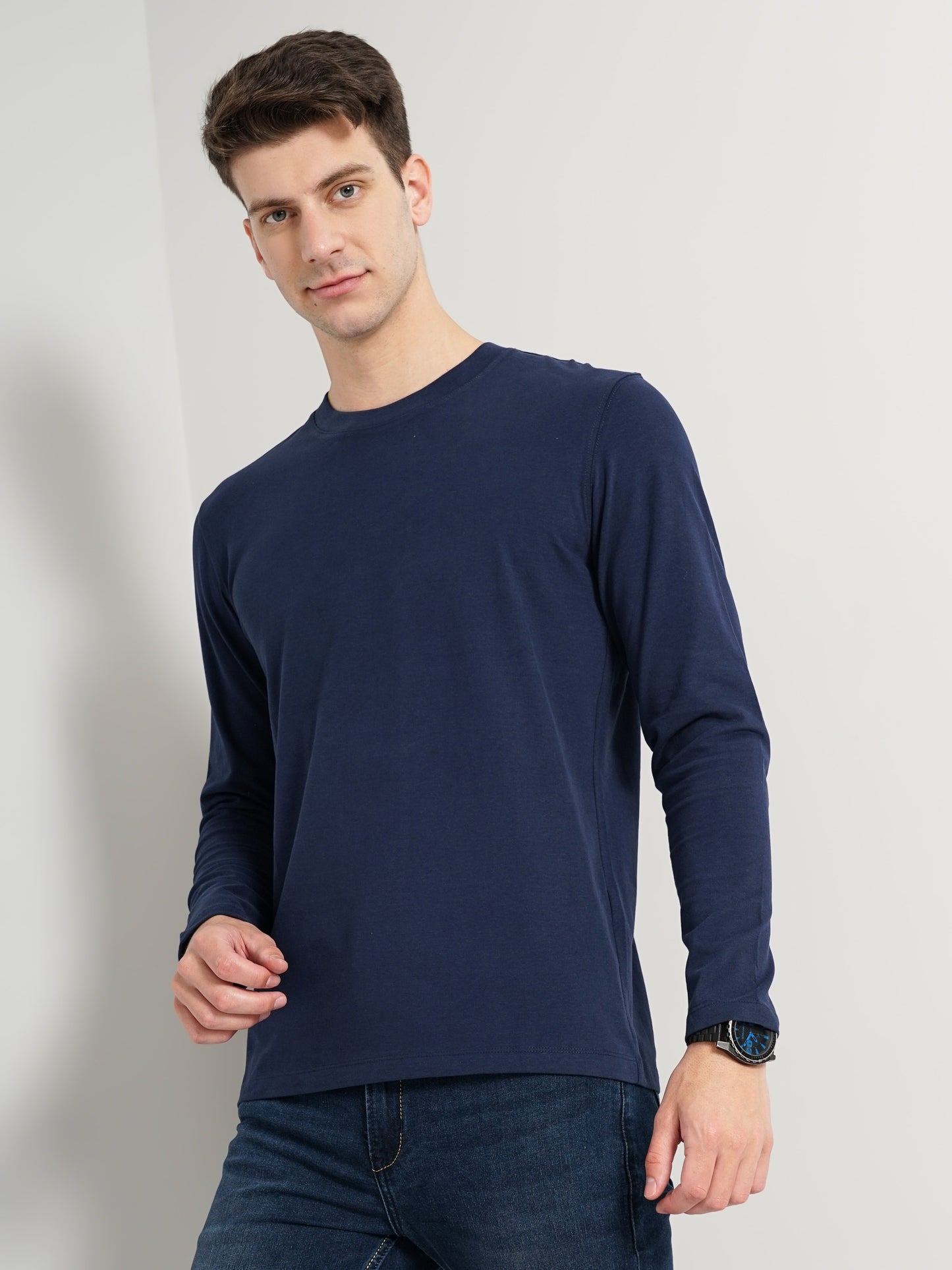 Navy Blue Solid Cotton T-shirt