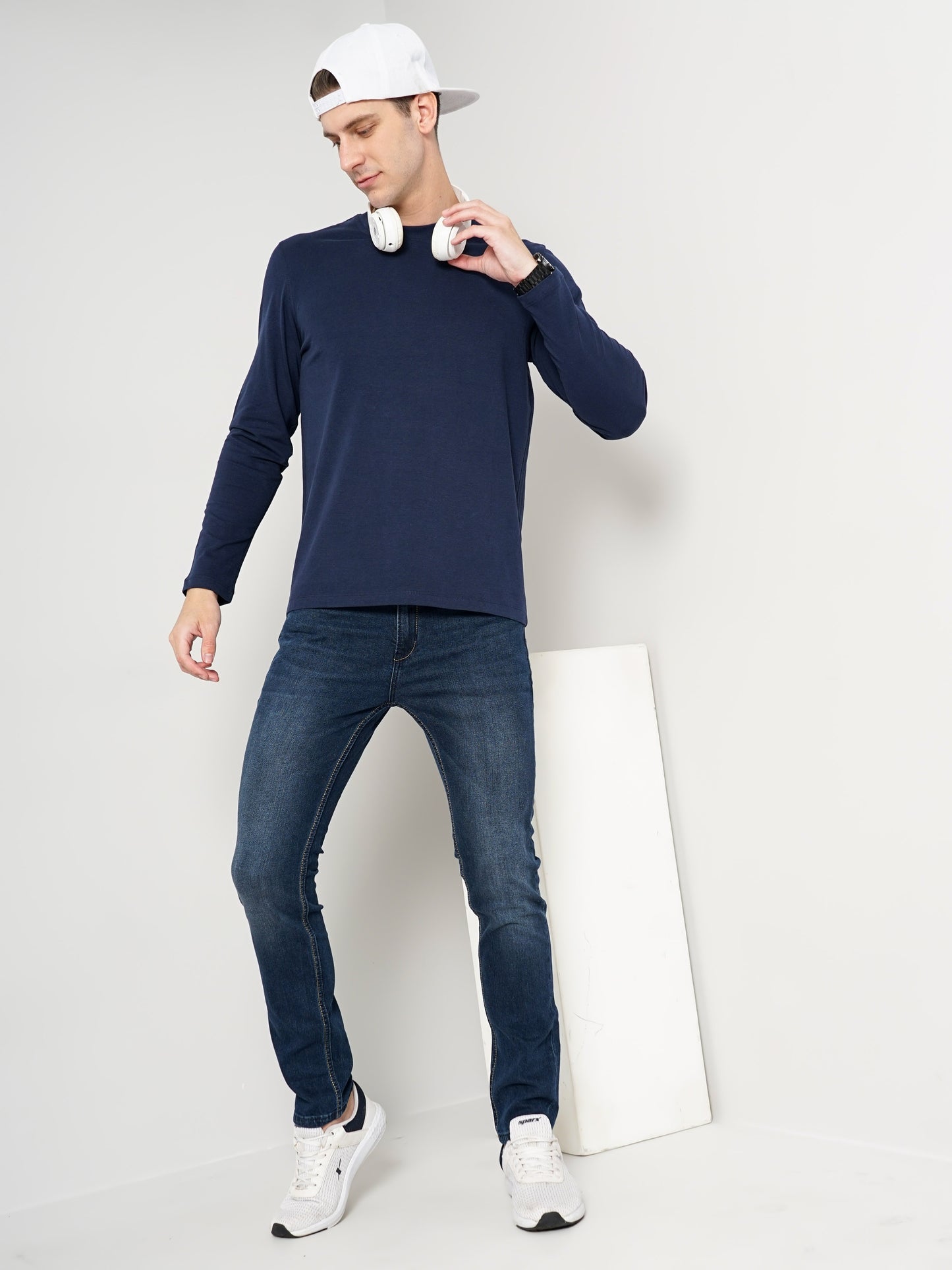 Navy Blue Solid Cotton T-shirt