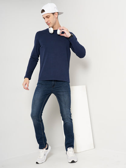 Navy Blue Solid Cotton T-shirt