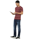 Celio Men Burgundy Striped Regular Fit Cotton T-Shirts