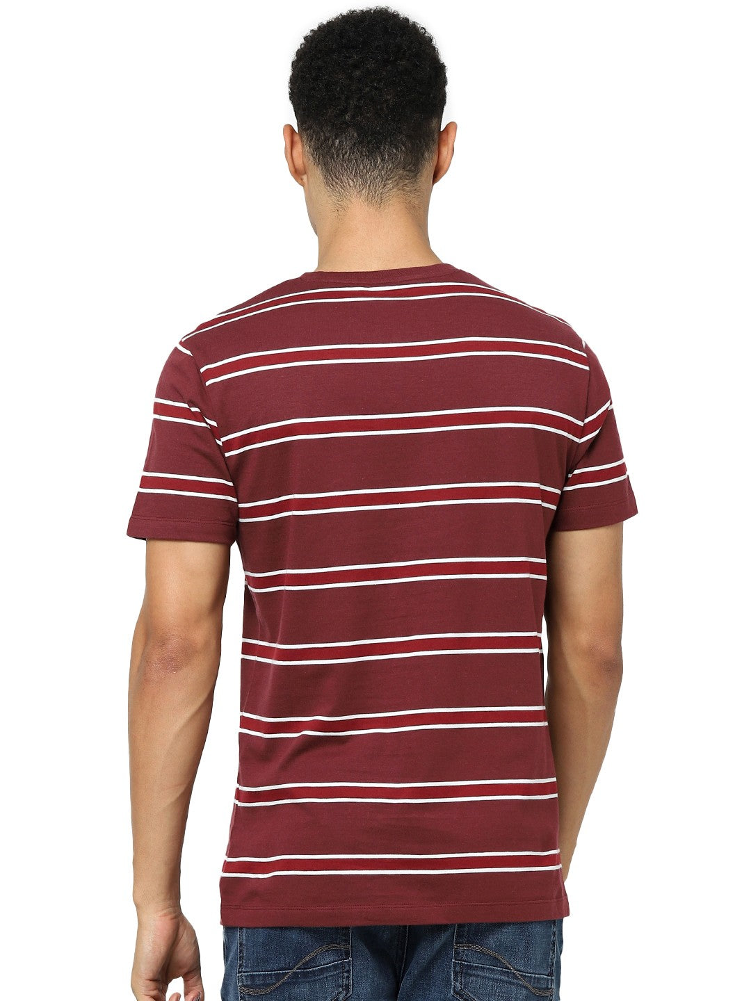 Celio Men Burgundy Striped Regular Fit Cotton T-Shirts