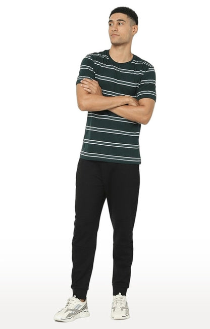Celio Men Green Striped Regular Fit Cotton T-Shirts