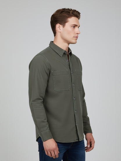Celio* Men Olive Solid Overshirt Cotton Shirts
