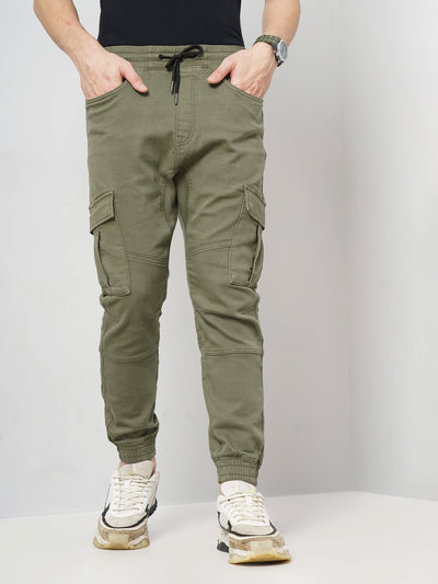 Celio* Cotton-Lycra-Blend Jogger Fit Olive Jeans