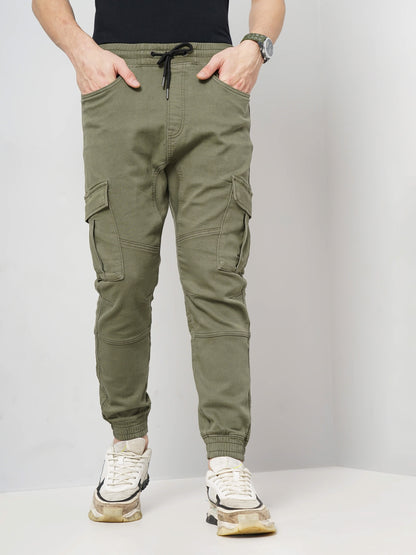 Celio* Cotton-Lycra-Blend Jogger Fit Olive Jeans