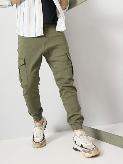 Celio* Cotton-Lycra-Blend Jogger Fit Olive Jeans