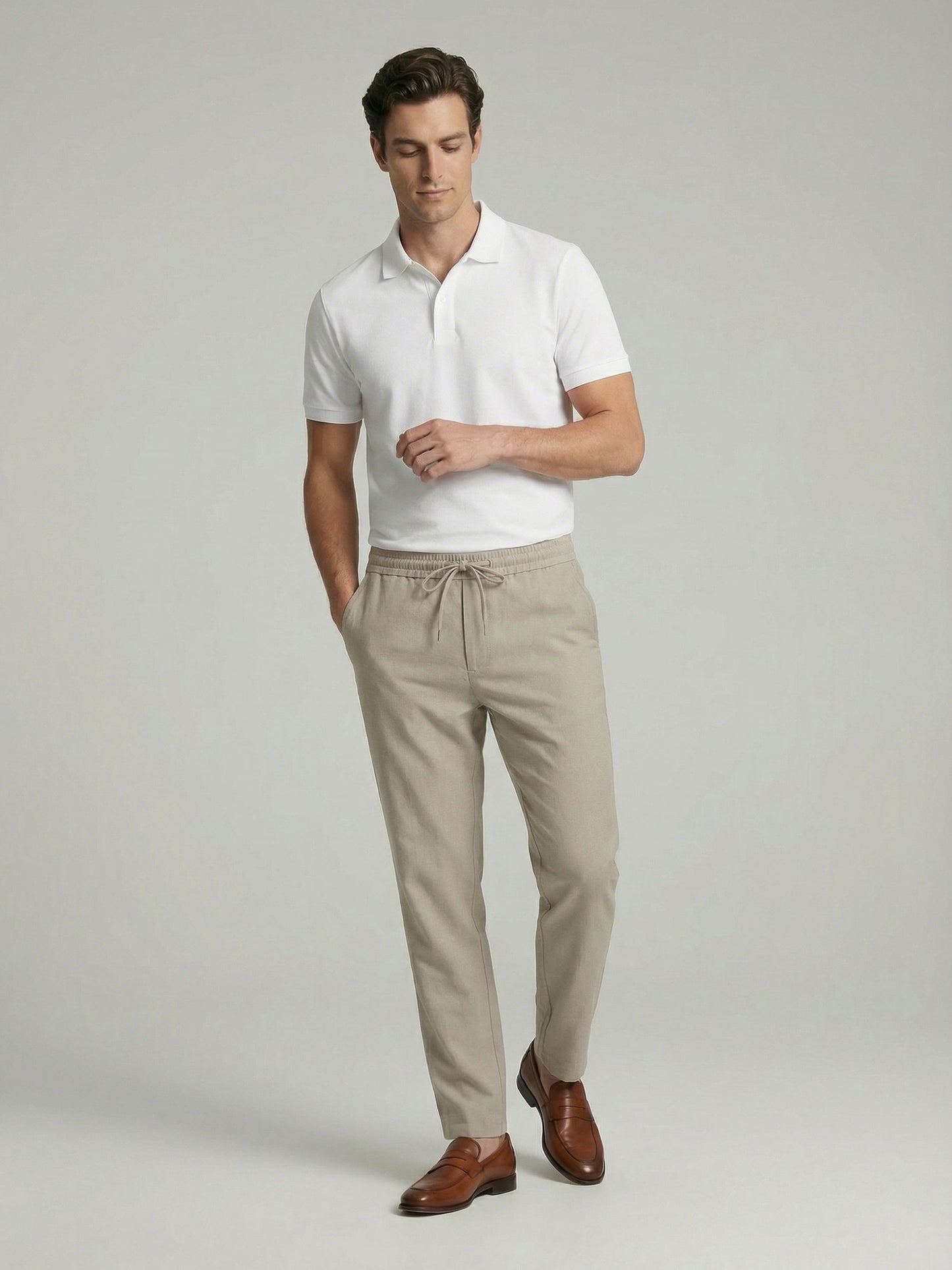 Celio* Men Beige Solid Regular Fit Polyester Trousers