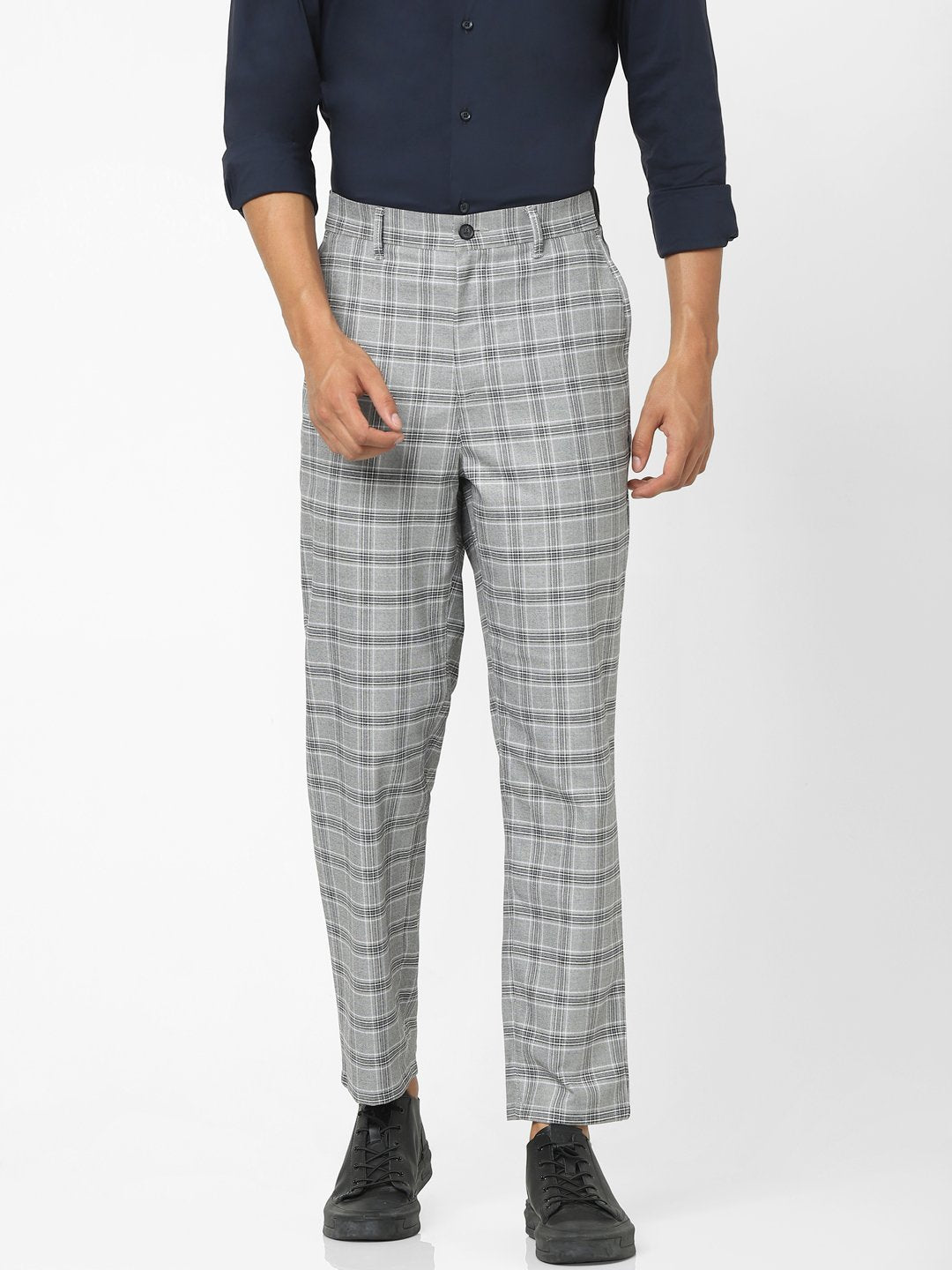 Celio* Men Grey Checked Slim Fit Viscose-Blend Trousers