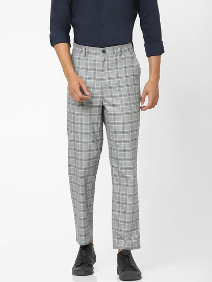 Celio* Men Grey Checked Slim Fit Viscose-Blend Trousers