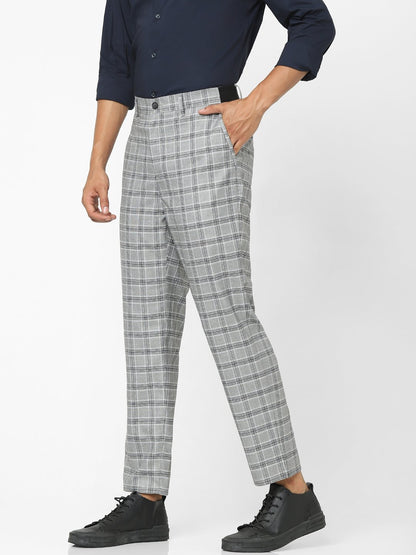Celio* Men Grey Checked Slim Fit Viscose-Blend Trousers