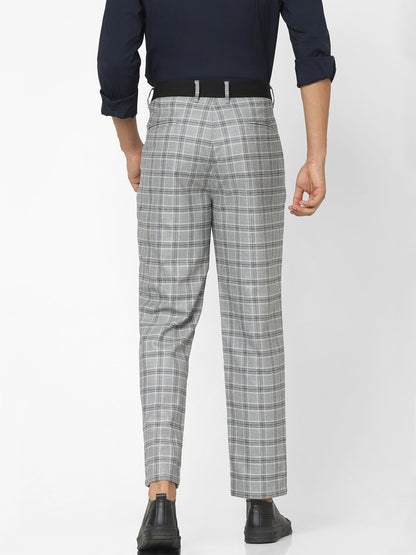 Celio* Men Grey Checked Slim Fit Viscose-Blend Trousers