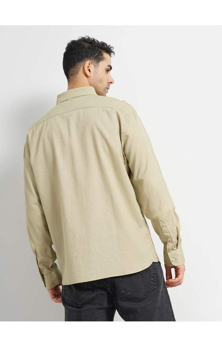 Celio* Solid Regular Fit Cotton Olive Shirt