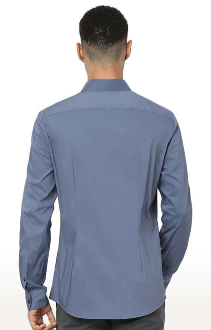 Celio* Solid Regular Fit Cotton-Blend Blue Shirt