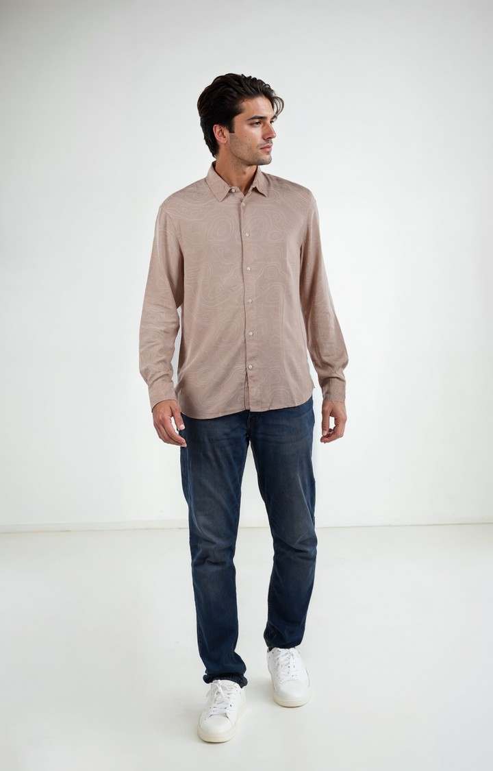 Celio* Printed Regular Fit Linen Pink Shirt