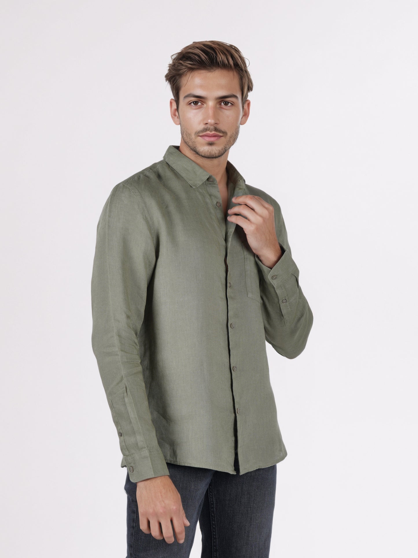 Celio* Men Olive Solid Regular Fit Linen Shirts