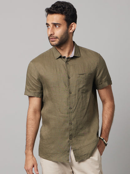 Celio Men Olive Solid Regular Fit Linen Shirts