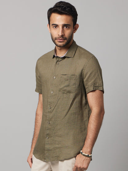 Celio Men Olive Solid Regular Fit Linen Shirts