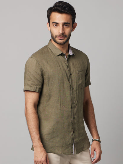 Celio Men Olive Solid Regular Fit Linen Shirts