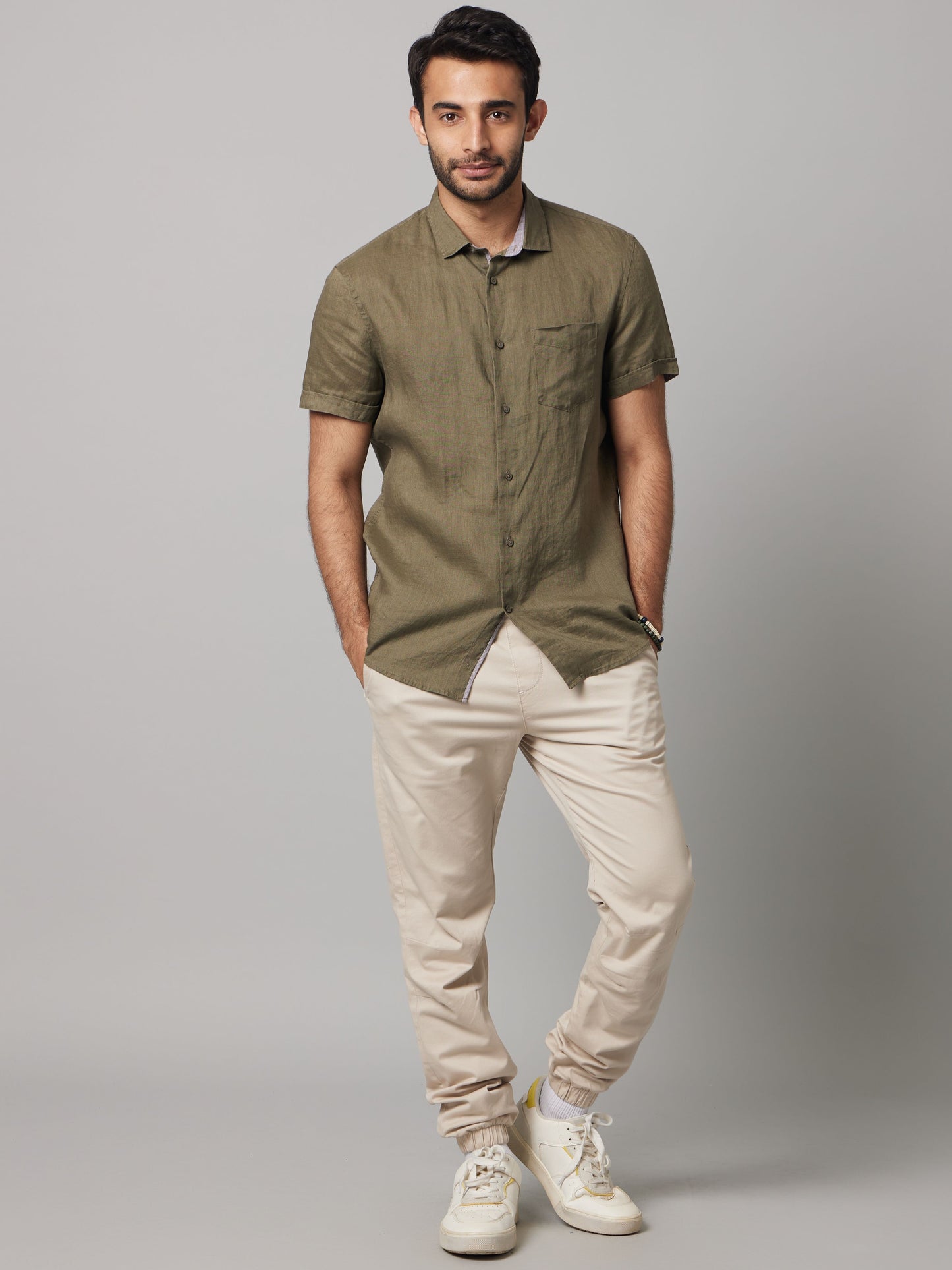 Celio Men Olive Solid Regular Fit Linen Shirts
