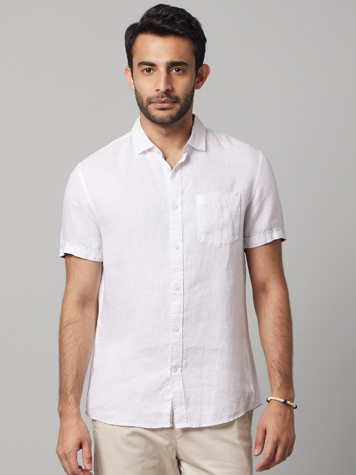 Celio Men White Solid Regular Fit Linen Shirts