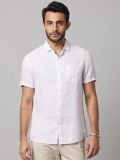 Celio Men White Solid Regular Fit Linen Shirts
