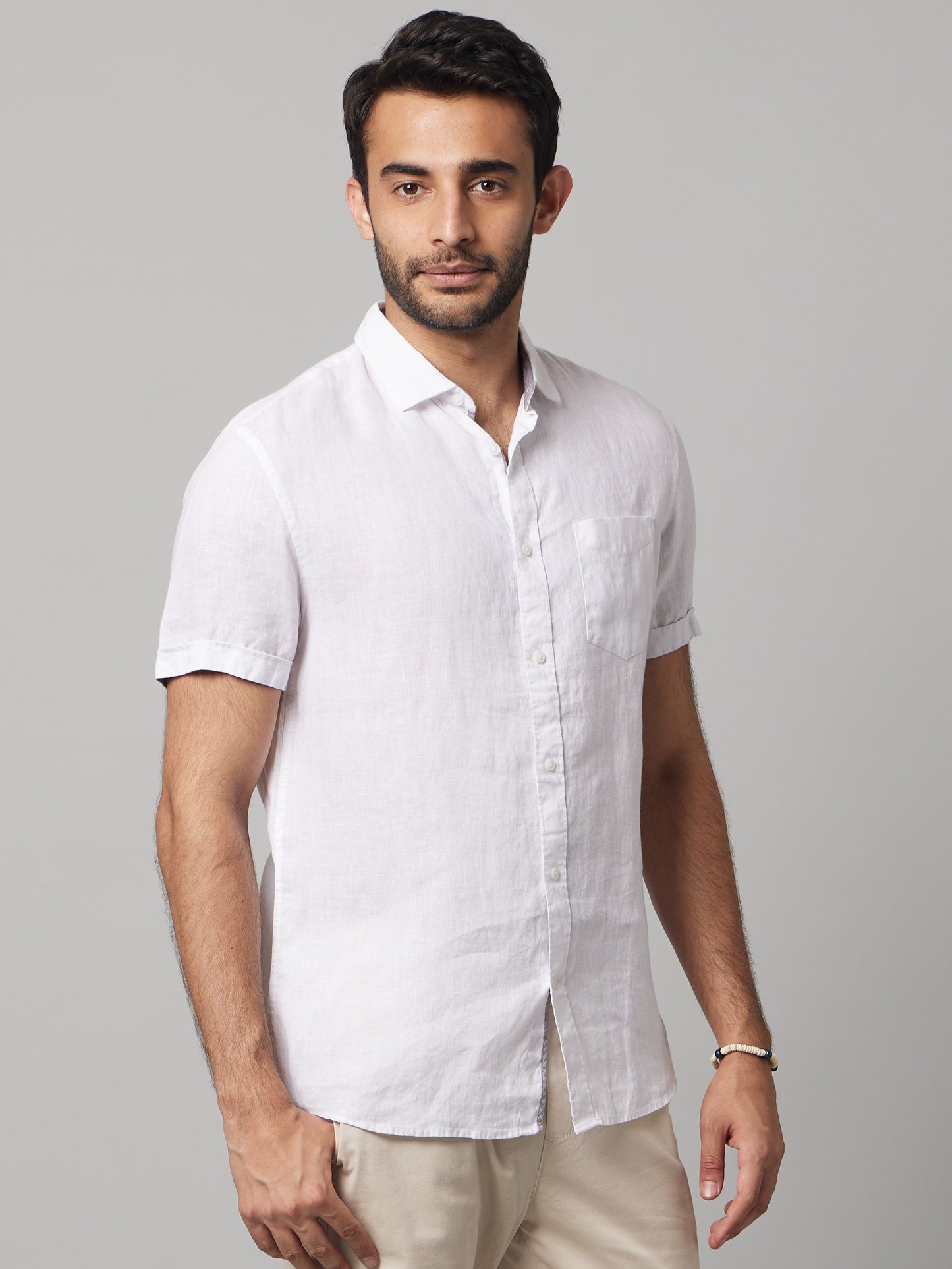 Celio Men White Solid Regular Fit Linen Shirts