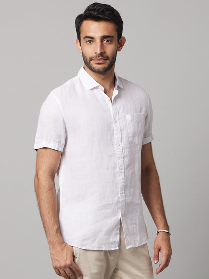 Celio Men White Solid Regular Fit Linen Shirts