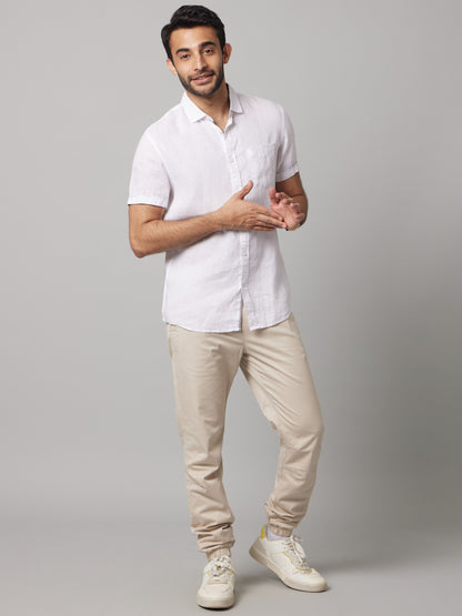 Celio Men White Solid Regular Fit Linen Shirts