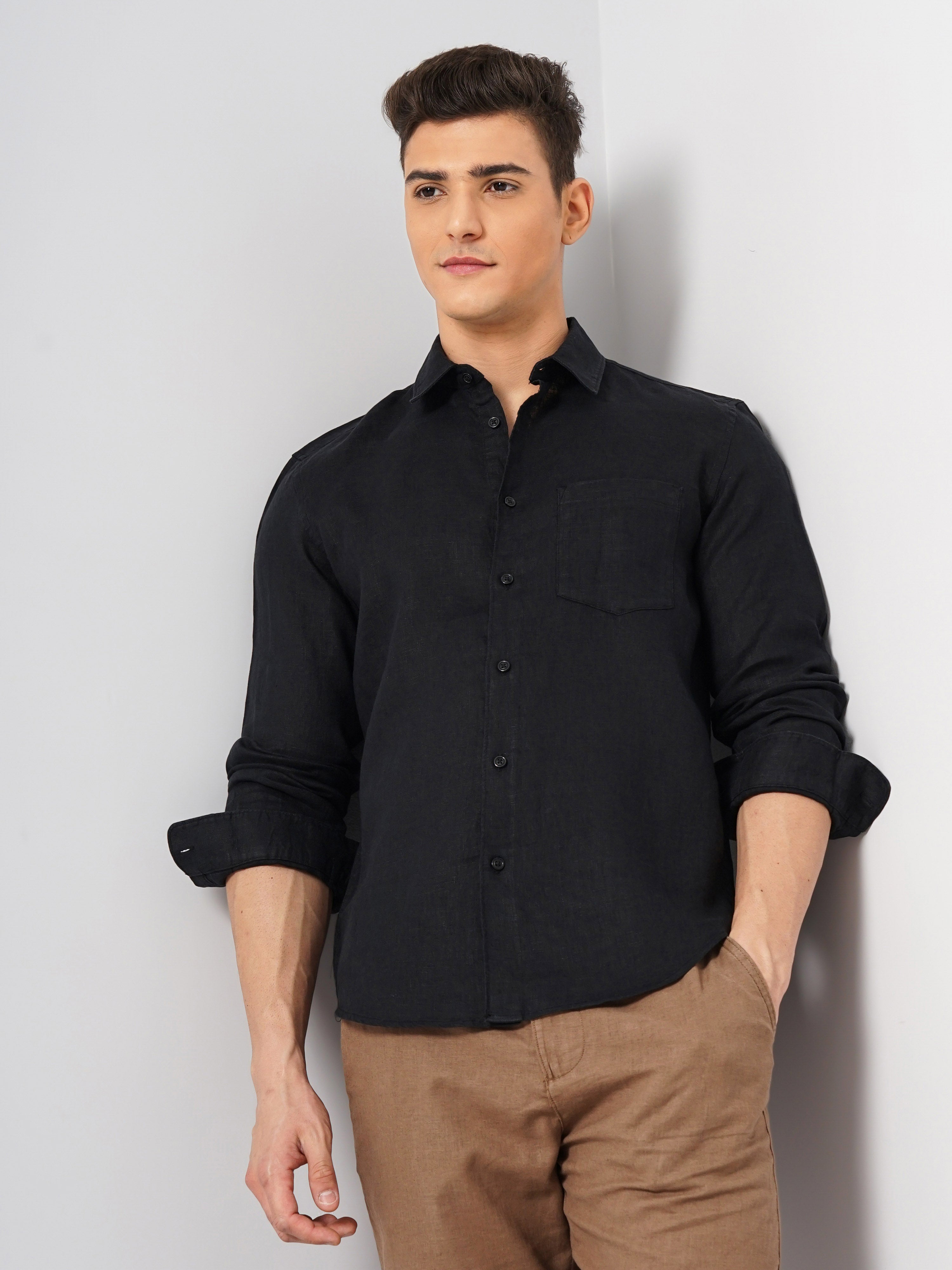 Black Solid Linen Shirt