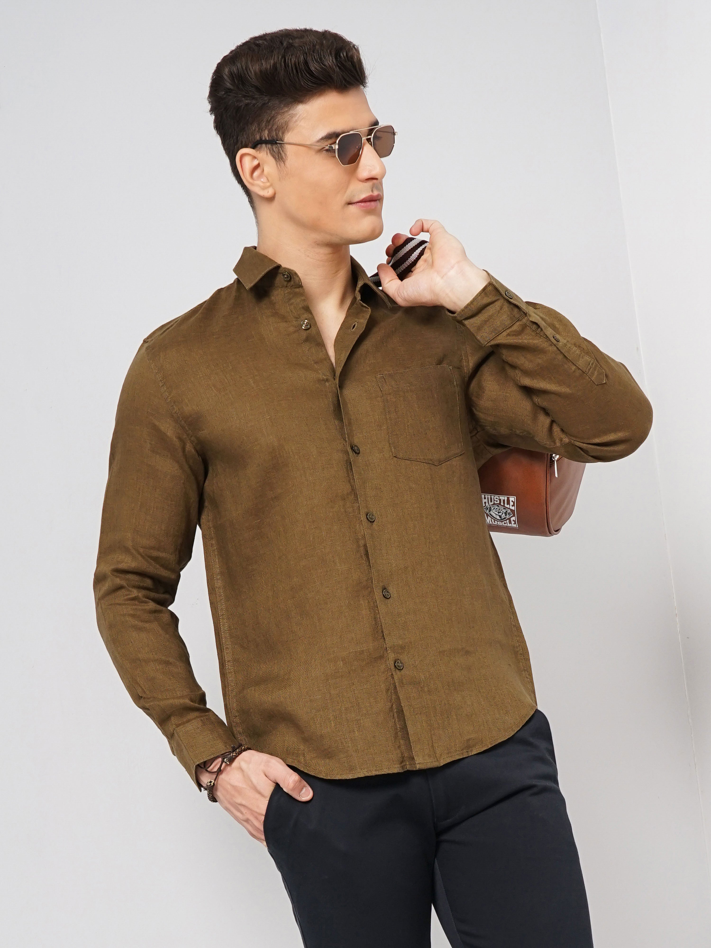 Brown Solid Linen Shirt