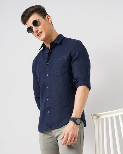 Navy Blue Solid Linen Shirt