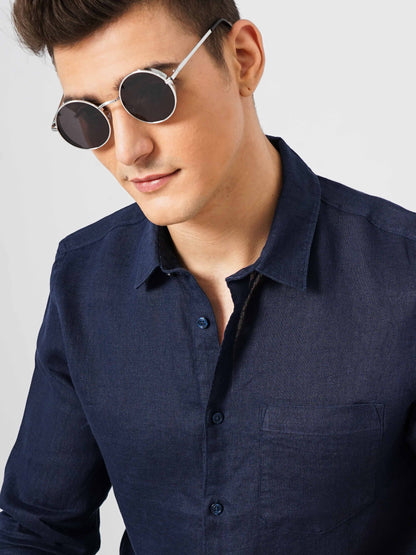 Navy Blue Solid Linen Shirt