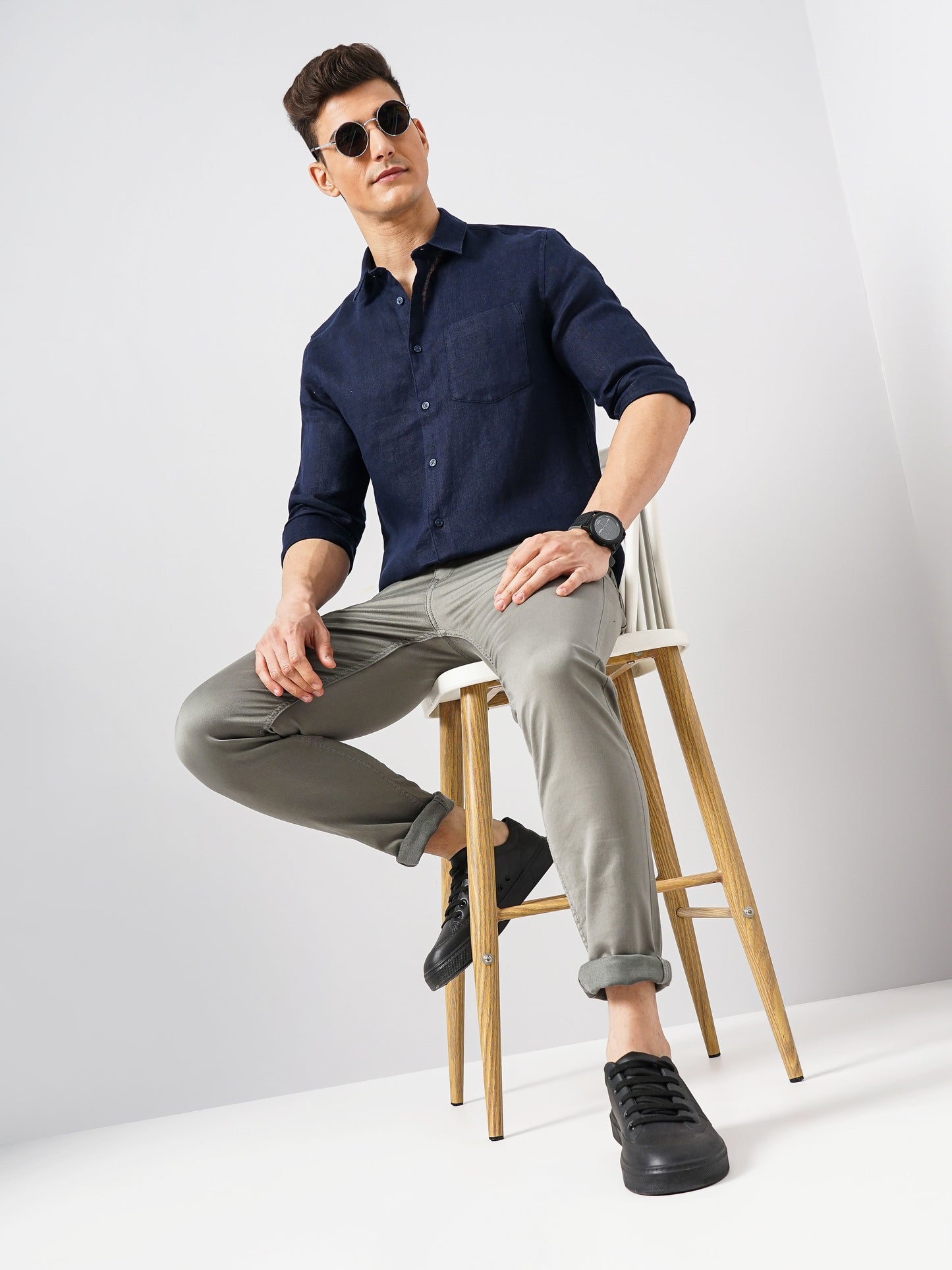 Navy Blue Solid Linen Shirt