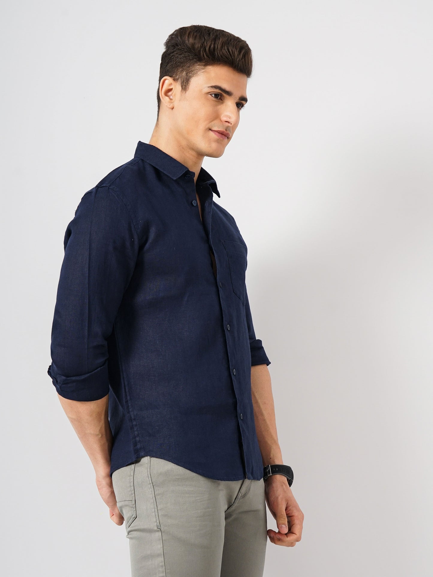 Navy Blue Solid Linen Shirt