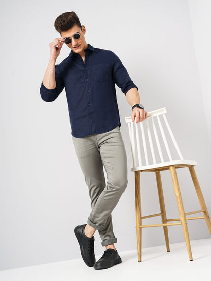 Navy Blue Solid Linen Shirt