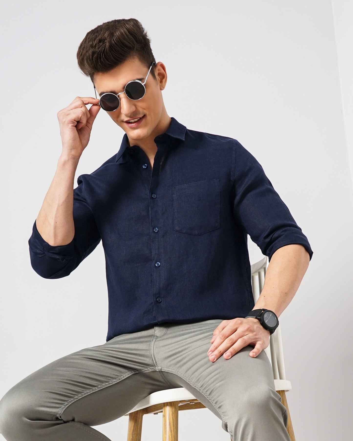 Navy Blue Solid Linen Shirt