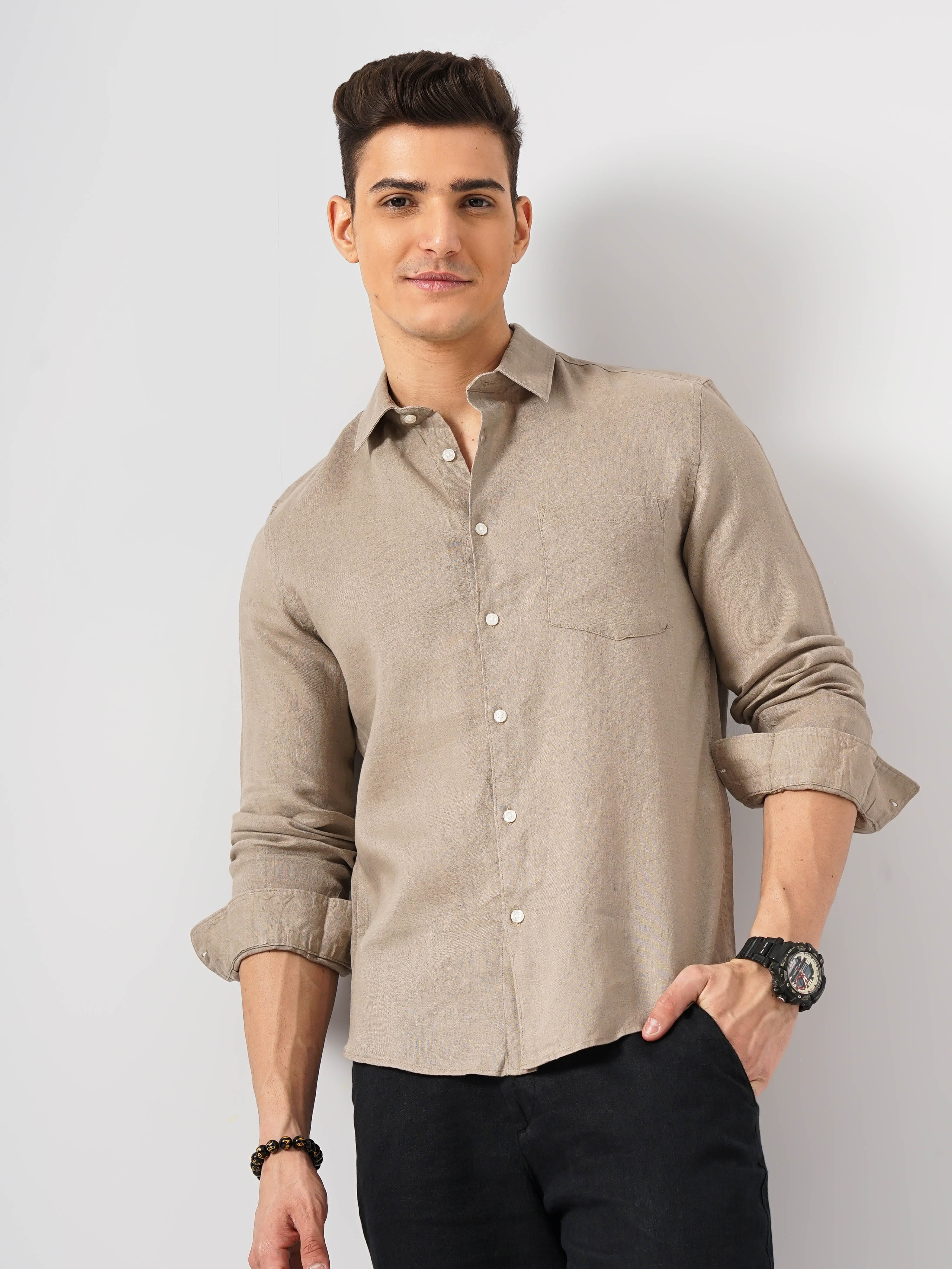 Beige Solid Linen Shirt