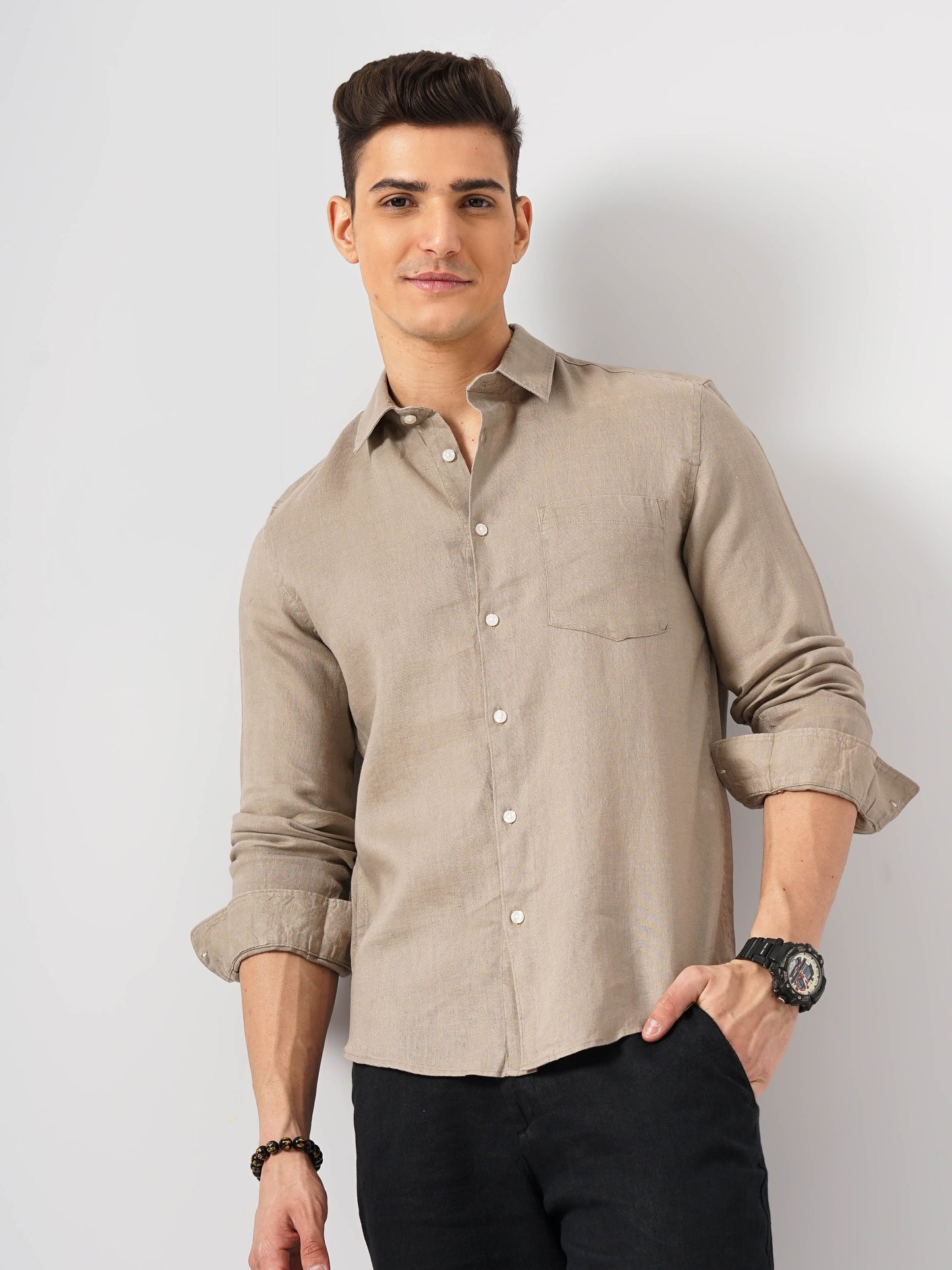 Beige Solid Linen Shirt