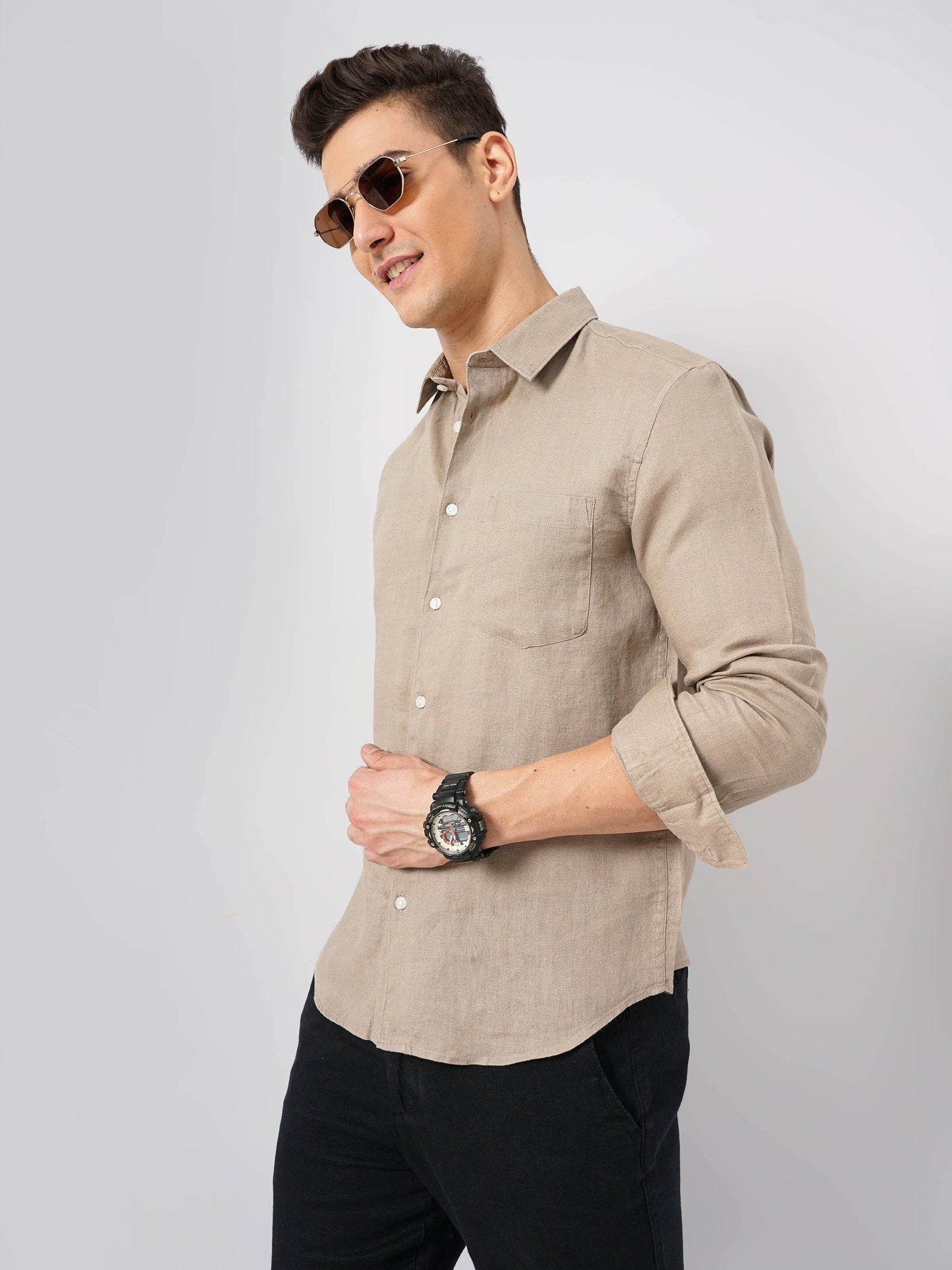 Beige Solid Linen Shirt