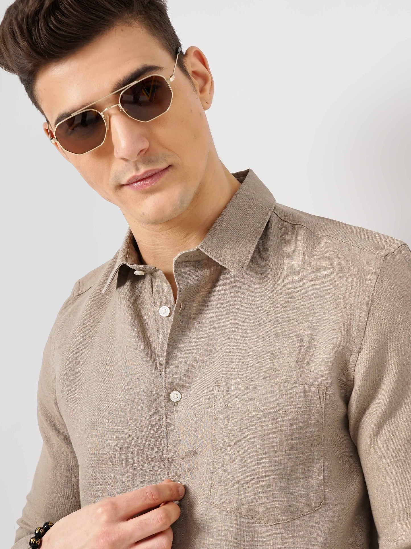 Beige Solid Linen Shirt