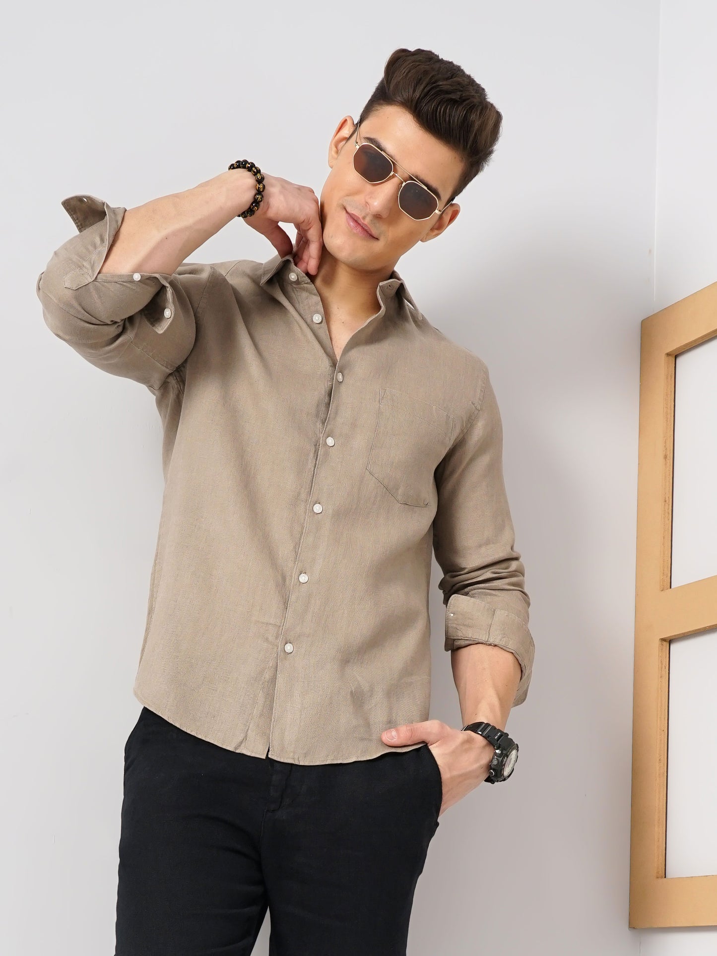 Beige Solid Linen Shirt