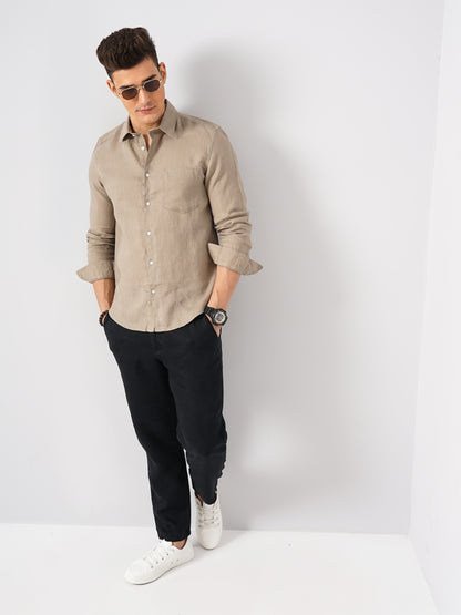 Beige Solid Linen Shirt